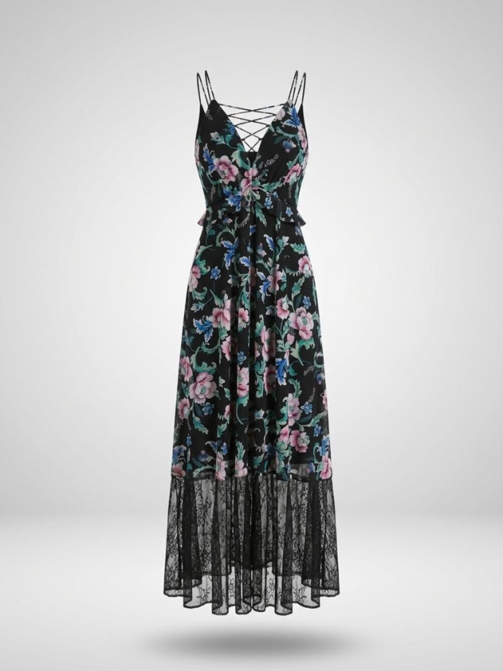 Black Floral Ruffled Waist Double Strap Criss-cross V-neck Lace Trim Maxi Dress